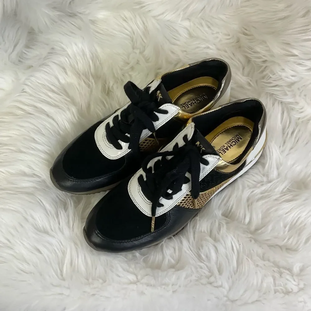Michael Michael Kors Black Gold Allie Metallic-Trim Leather Sneaker Size 7.5 M
